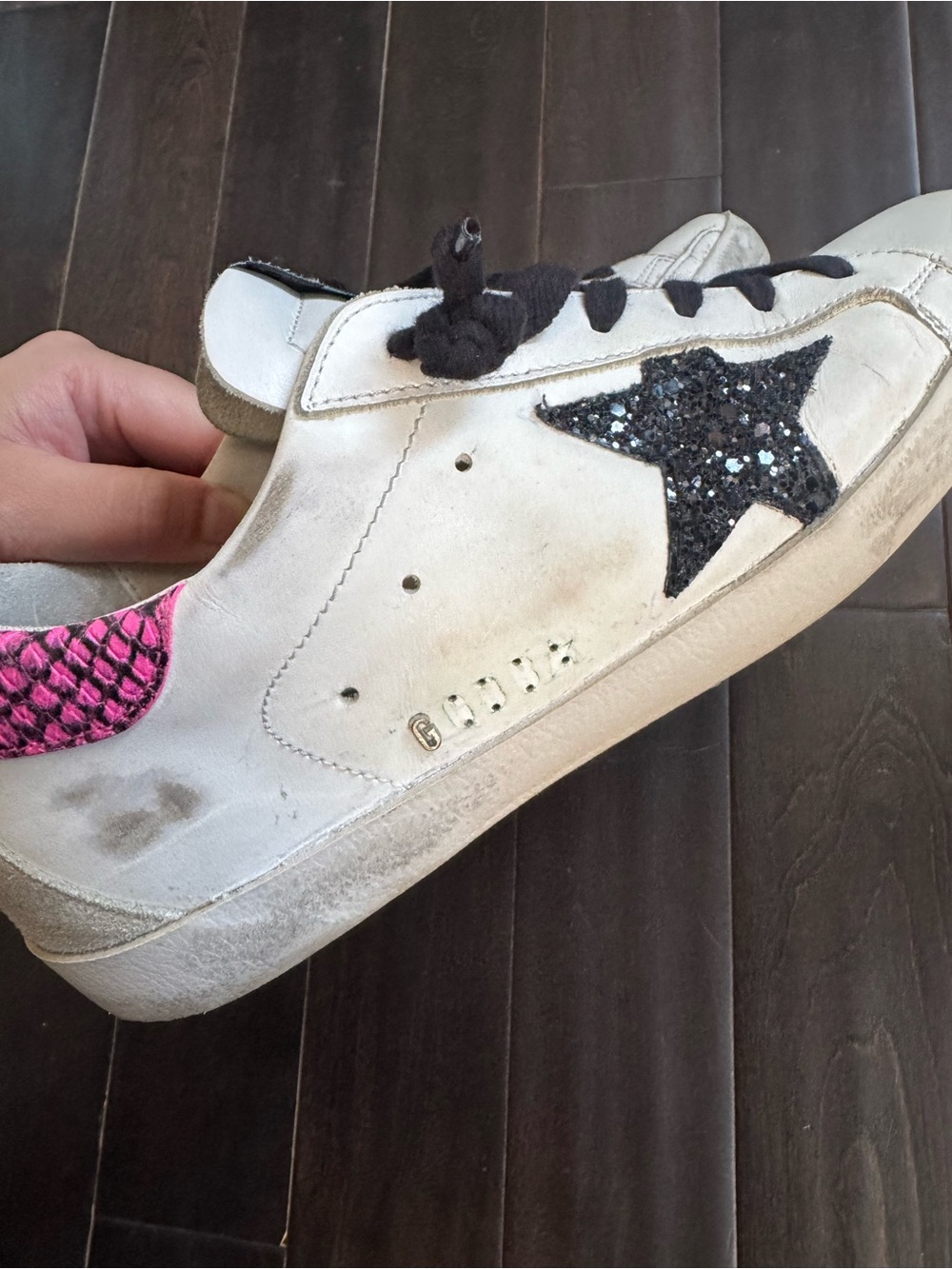 Golden Goose Superstar Sneakers Black Glitter Star Pink Heel Size 38 - Picture 5 of 9